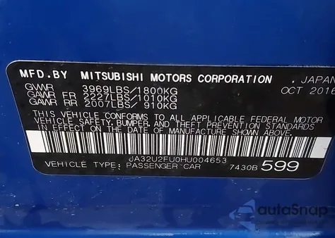 2017 Mitsubishi Lancer Es/Le from USA, damaged, VIN JA32U2FU0HU004653